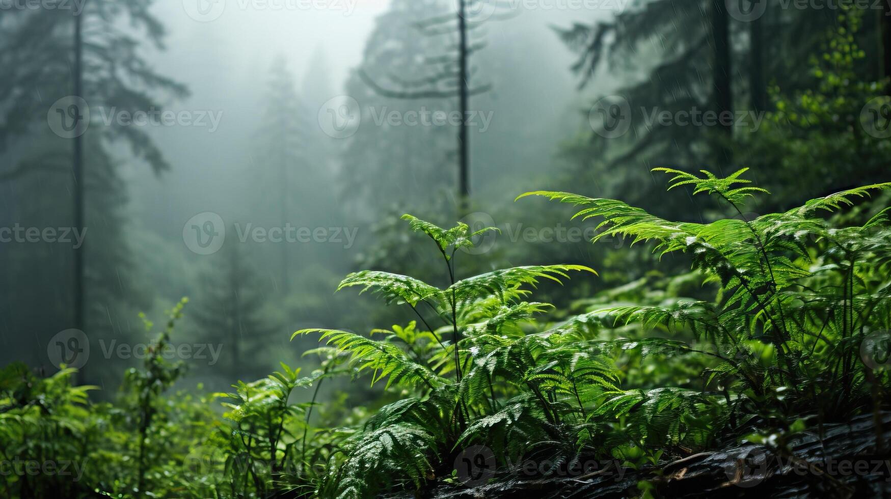 Lush green ferns thrive in the foreground of a misty, ethereal forest. Sunlight filters through the fog, illuminating the vibrant green foliage. photo