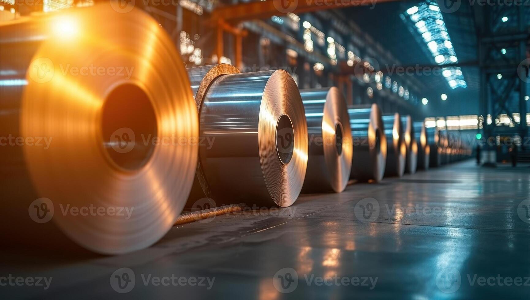 Rolls of shiny industrial grade metal sit in a warehouse factory. The metal has a high sheen finish and is ready for processing. photo
