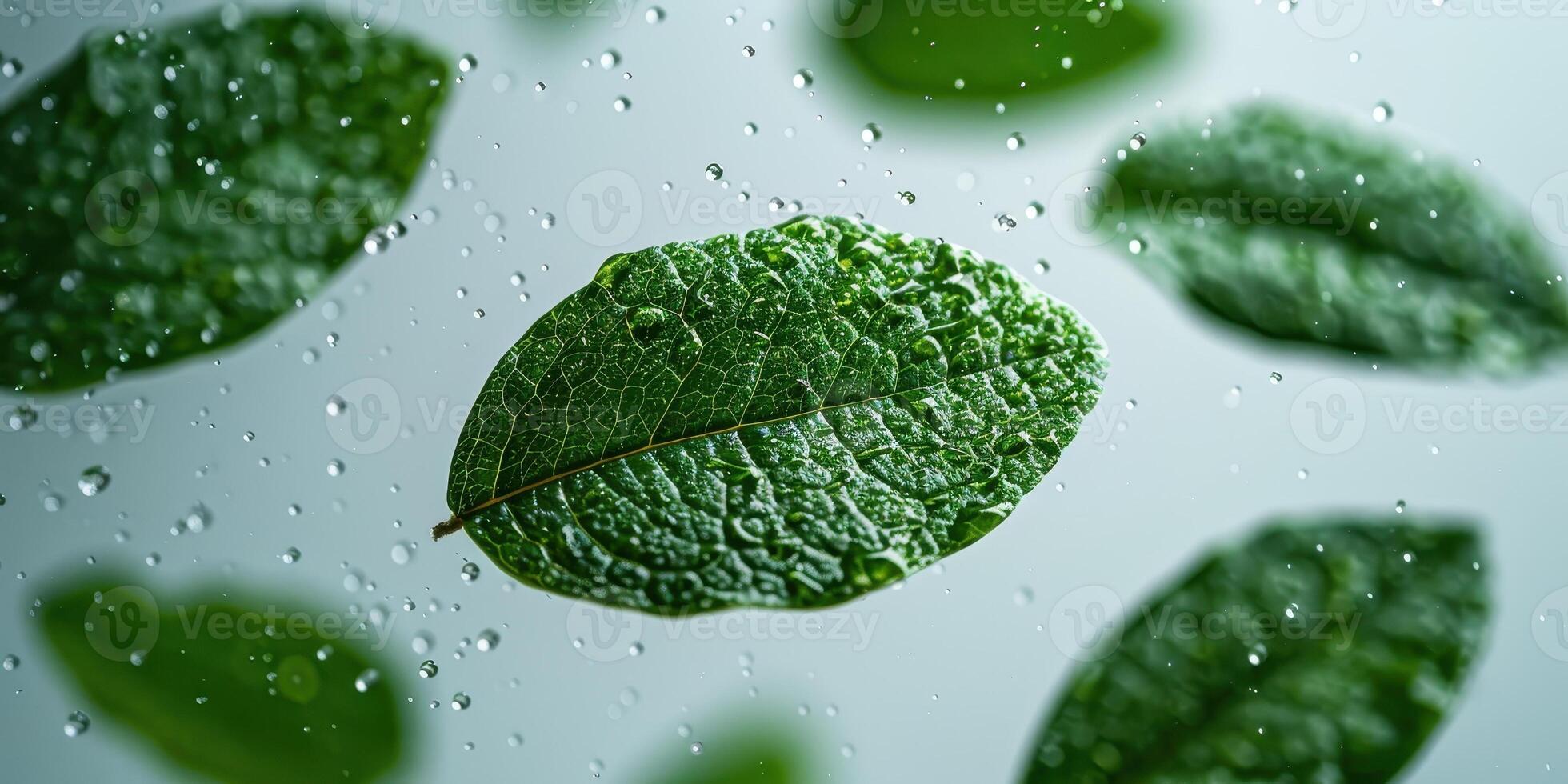 Close up of fresh green mint leaves with water drops falling in the air against a light grey background. Refreshing summer concept. photo