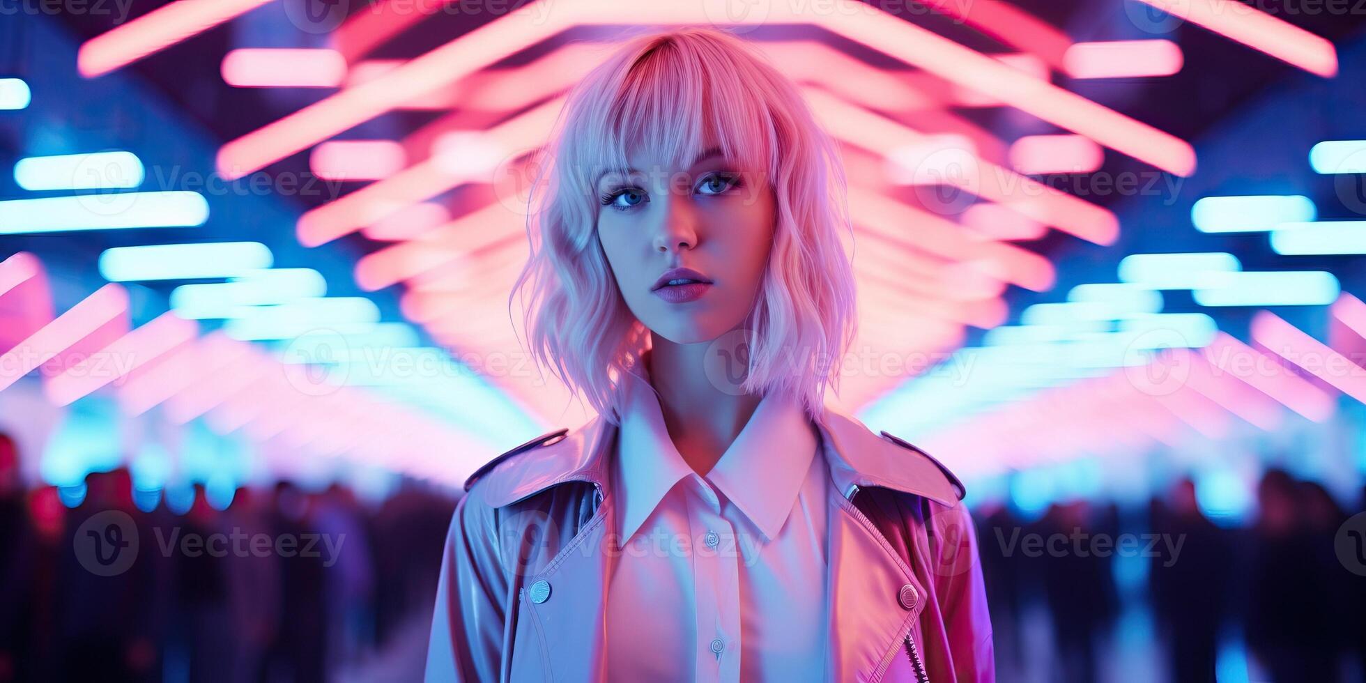 Young woman with white hair in futuristic city with neon lights. Cyberpunk, futuristic fashion, neon lights, city lights. photo