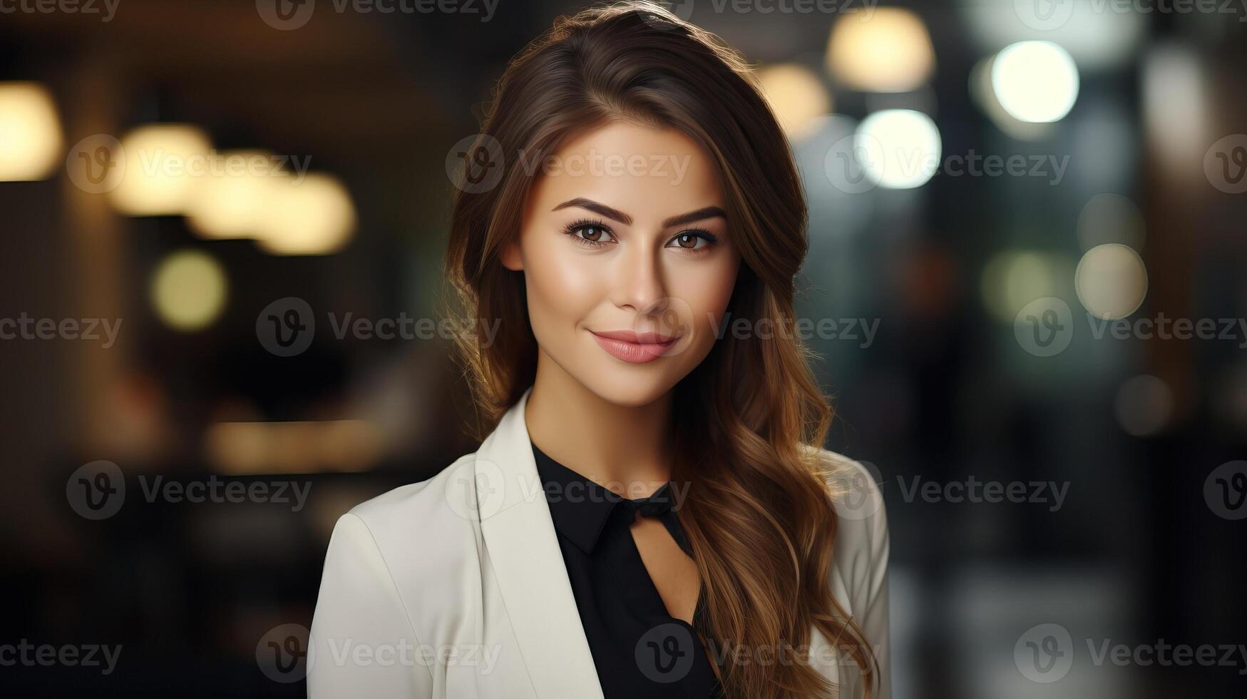 Portrait of a confident young businesswoman in elegant attire, posing against a blurred city lights background. Her smile exudes professionalism and success. photo