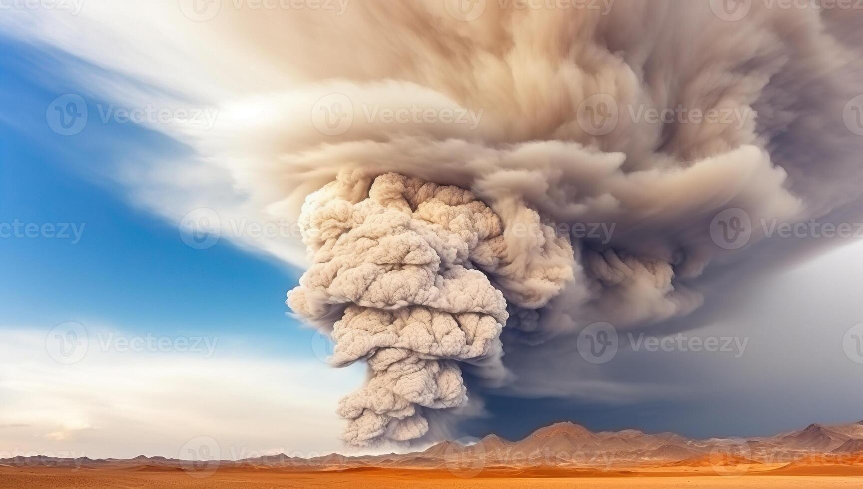 A massive volcanic eruption spews a towering column of ash and smoke into the atmosphere, creating a dramatic and ominous scene of natural power. photo