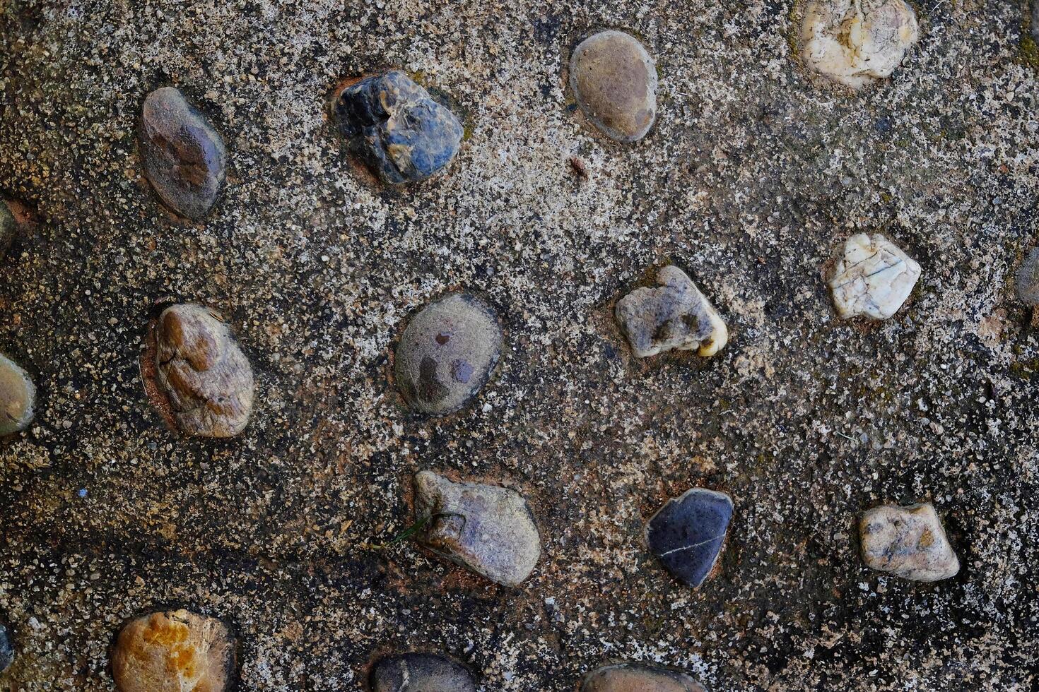 Dirty rustic and vintage grunge concrete wall. Stone and cement wall, embedded stone decorate texture on surface wall background photo