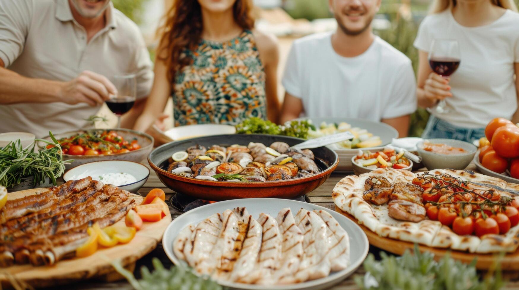 Happy friends having food and barbecued dinner party in garden. Ai-generated photo