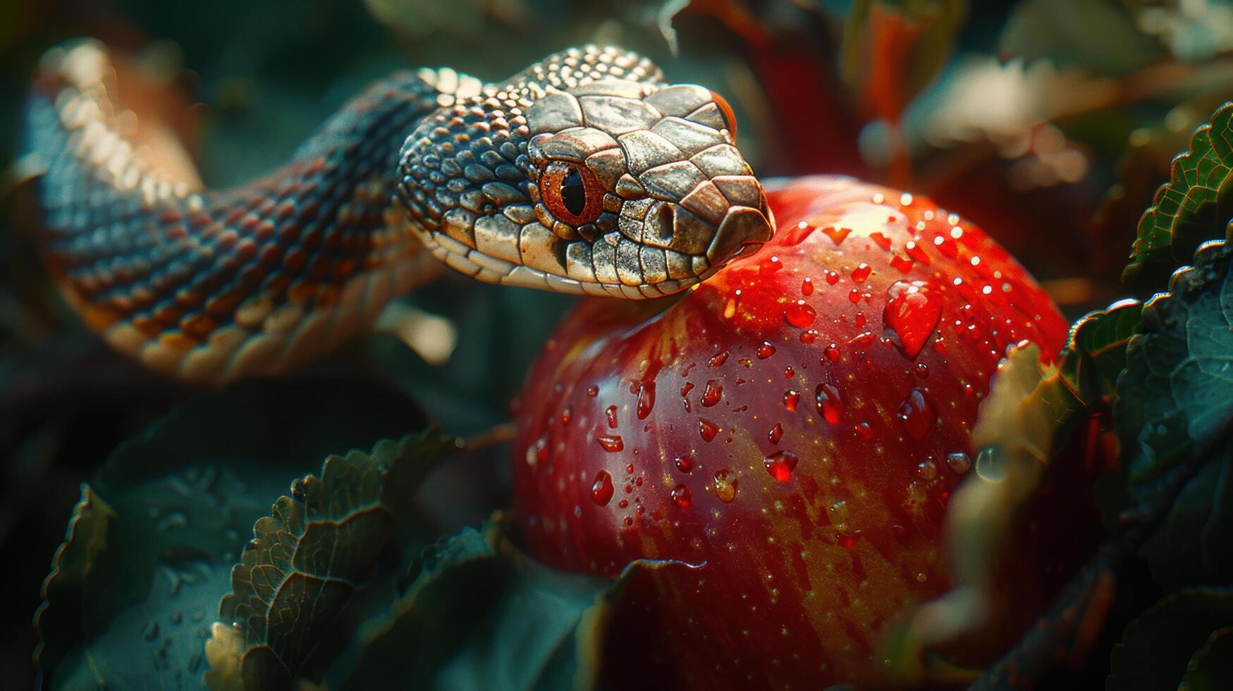 Wildlife of snake on red apple and dew droplet on fresh apple after rain in tropical forest. Ai-Genertaed photo