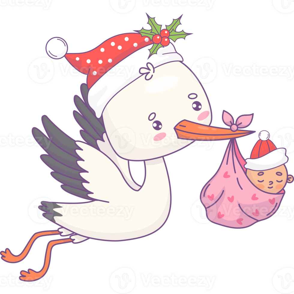 Christmas flying stork in Santa hat and newborn girl png