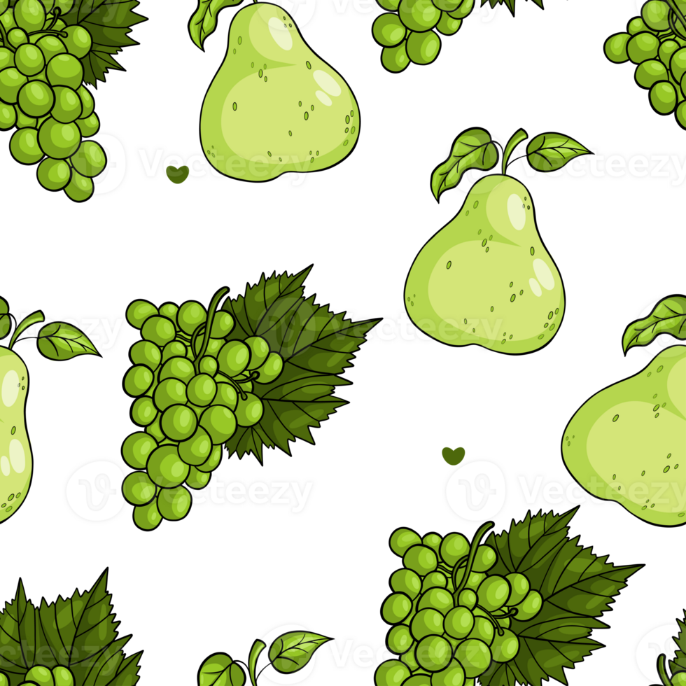 Seamless pattern with fruits green pear and bunch grapes png