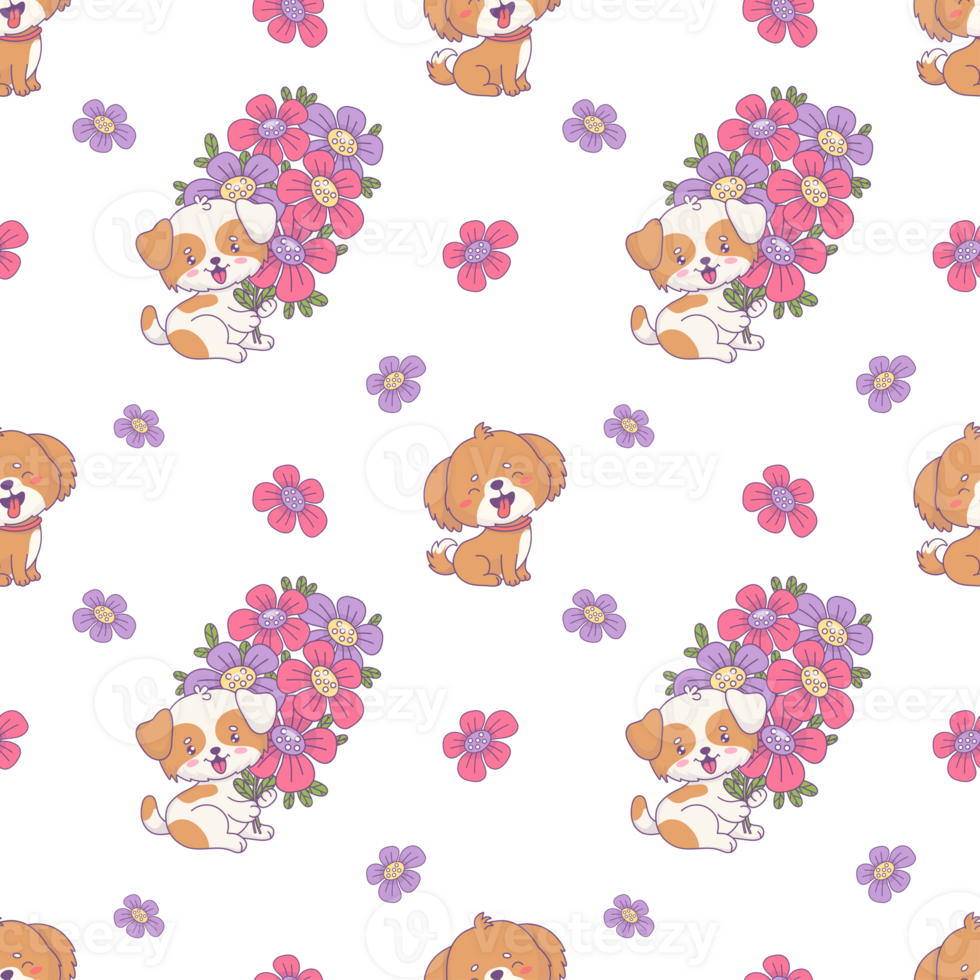 Seamless pattern with happy cartoon dogs with flowers png