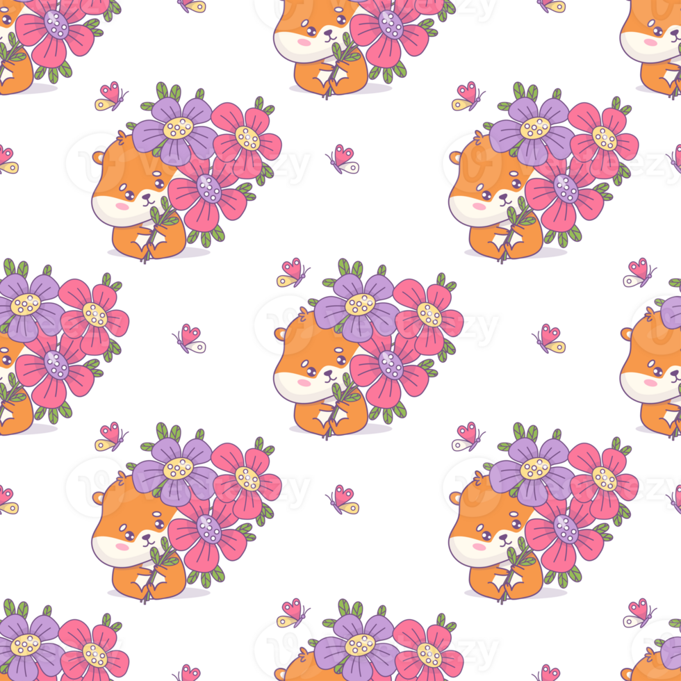 Seamless pattern with cute hamsters with flowers. Holiday rodent png