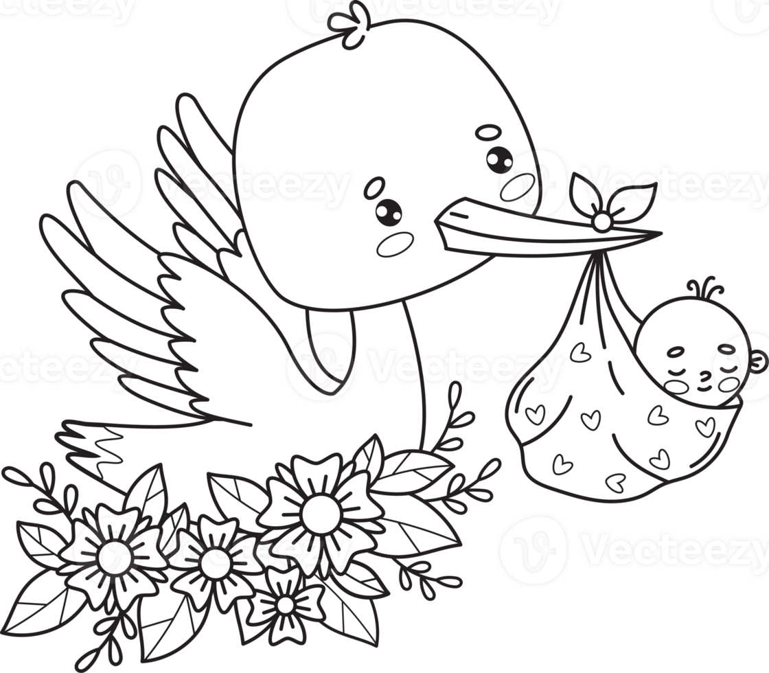 Outline stork in flowers with newborn baby png