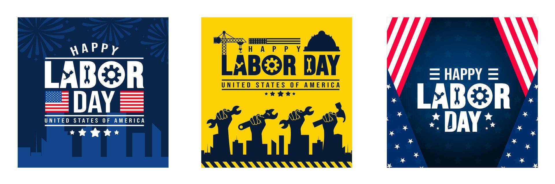 USA Happy Labor Day celebration construction tools social media post banner design template set. Labour day Safety hard hat and Construction tools and crane background or banner design. vector