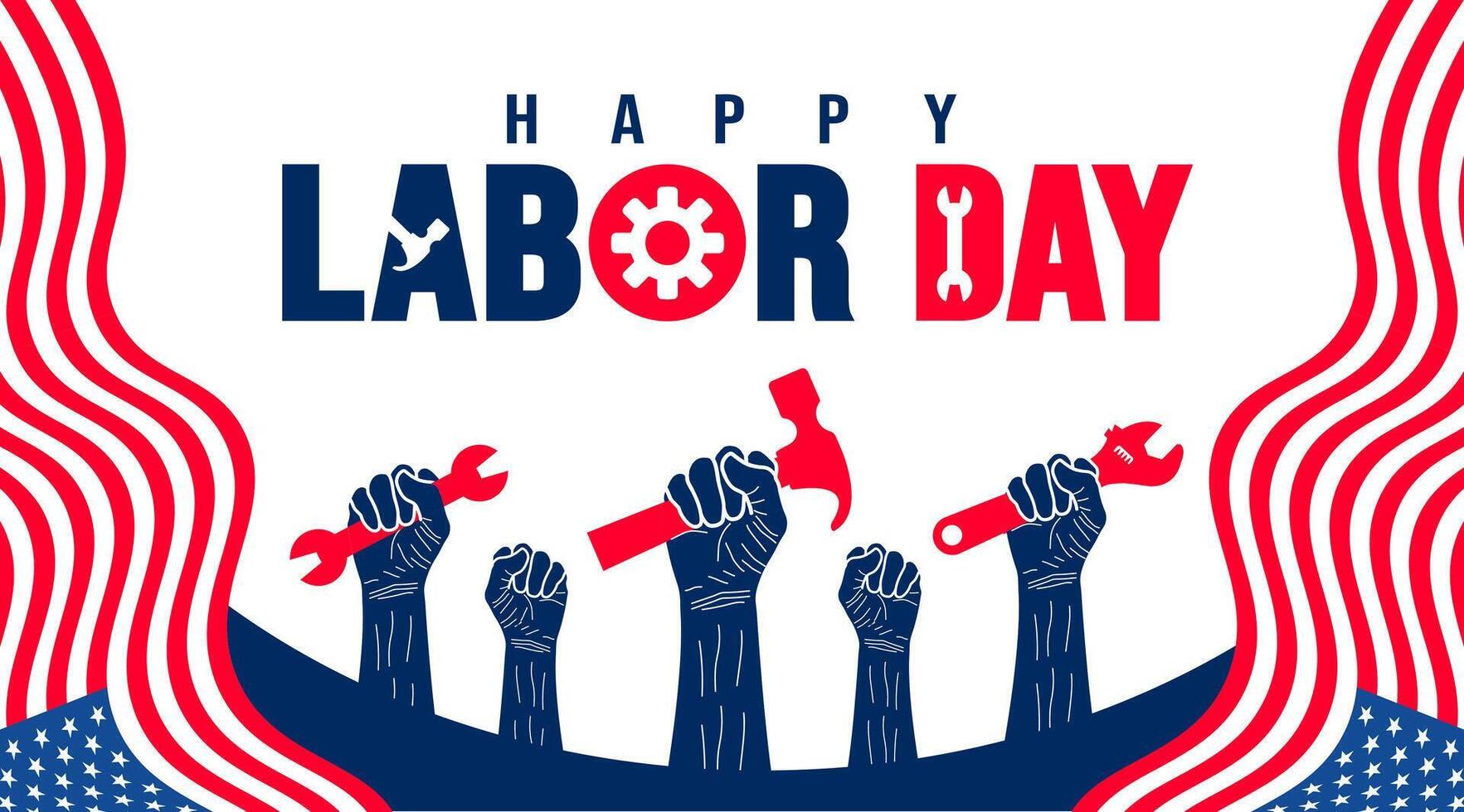 USA Happy Labor Day celebration strong hand holding construction tools background or banner design template with American flag. Labour day Safety hard hat and Construction tools background. vector