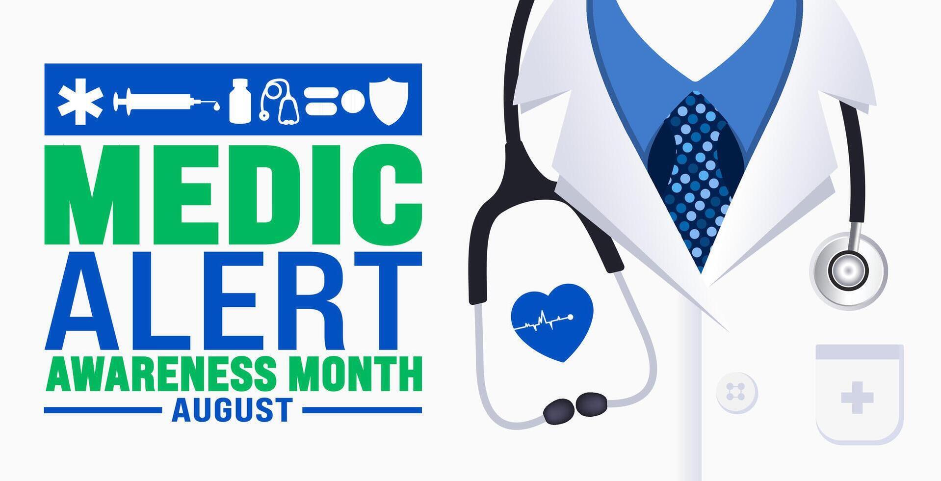 Medic Alert Awareness Month is observed every year in August. Holiday concept. Template for background, banner, card, poster, placard, design template with unique shapes with standard color. vector