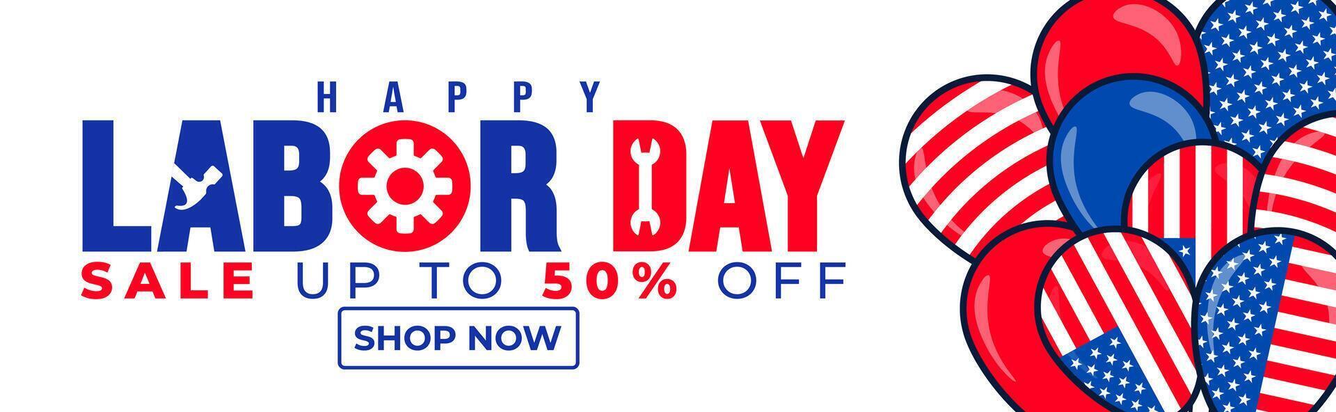 USA Happy Labor Day celebration sale promotion background or banner design template with American flag balloon. Labour day Safety hard hat and Construction tools background. vector