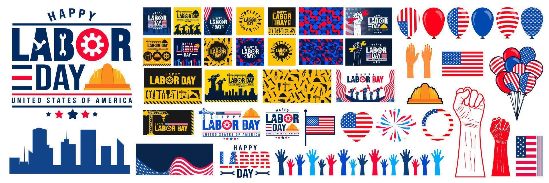 set of mega bundle USA Happy Labor Day celebration construction tools, Safety hard hat, helmet, crane, usa flag, balloon, social media post banner, and background pattern template. Labour day banner. vector
