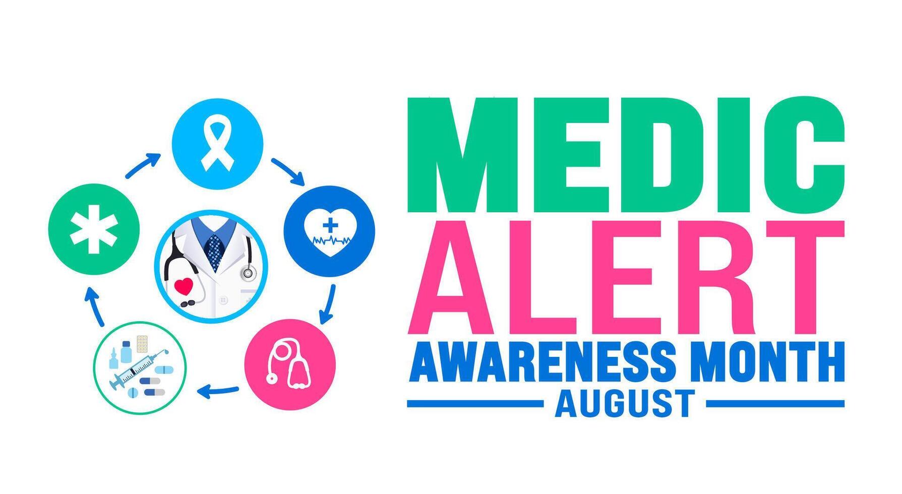 Medic Alert Awareness Month is observed every year in August. Holiday concept. Template for background, banner, card, poster, placard, design template with unique shapes with standard color. vector