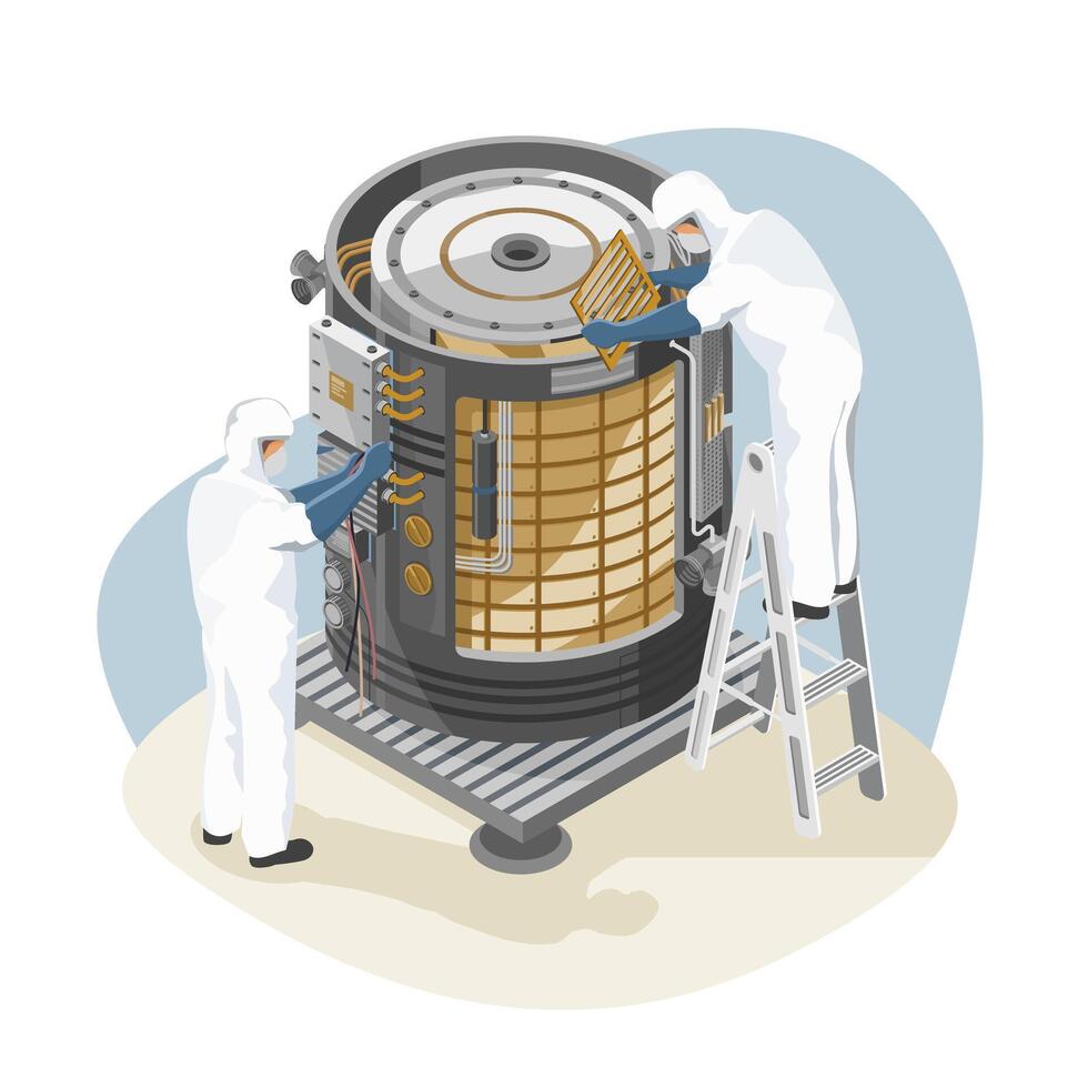 spacecraft industry engineer satellite building team spacecraft technician career cartoon isometric isoleted vector