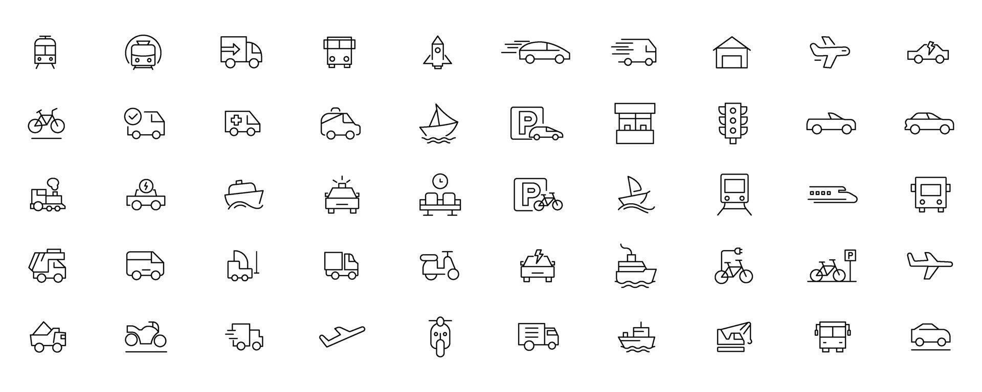 Vehicle and Transport line icon set. Containing car, bike, plane, train, bicycle, motorbike, bus and scooter icons. Transportation Simple line icon collections vector