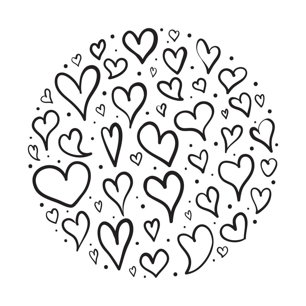 Set of hand drawn doodle heart, love with round shapes isolated on white background. vector