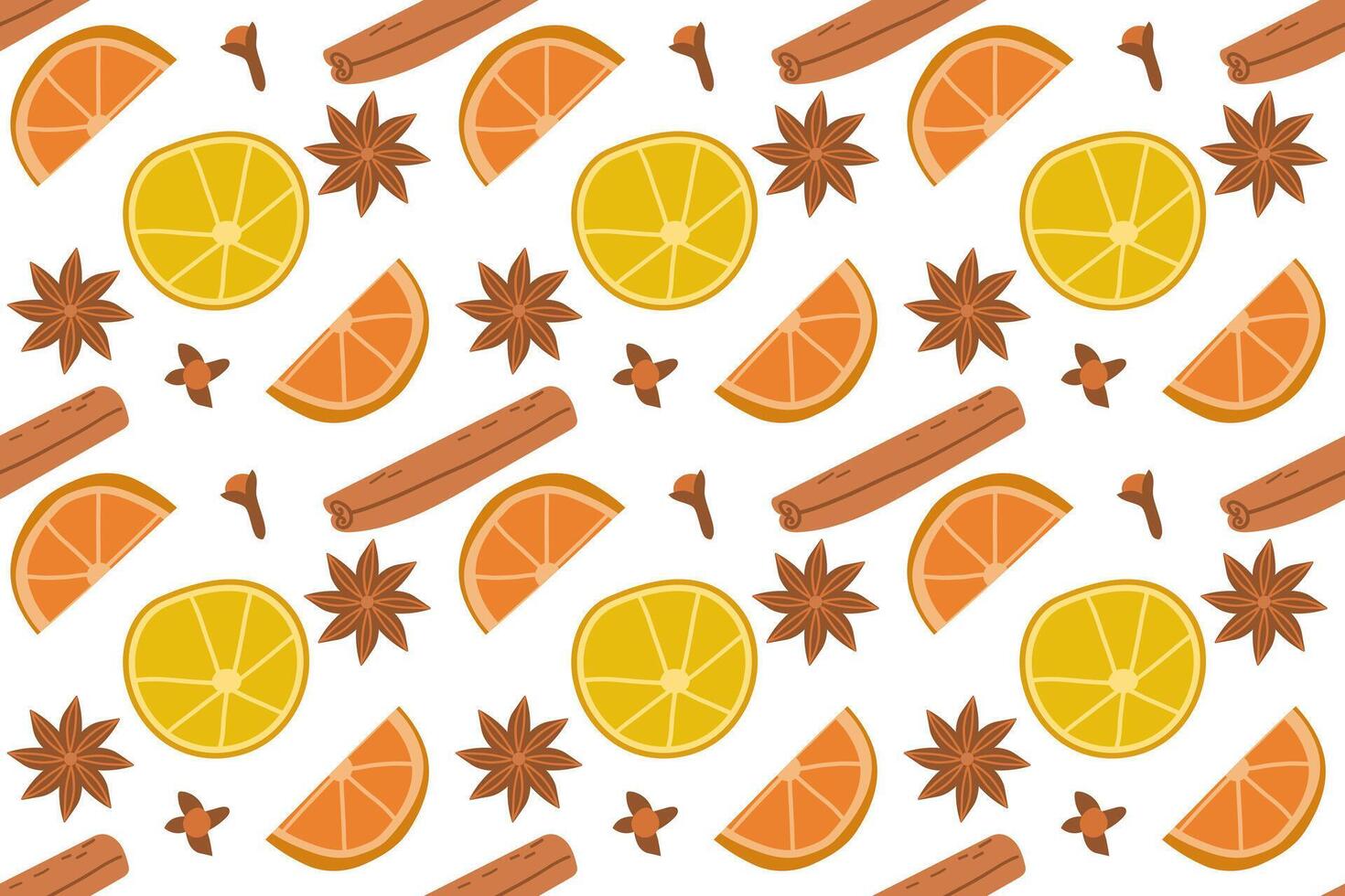 Various spices pattern, cinnamon rolls, anise star , lemon and orange slice and clove seasoning, hand drawn doodle illustration, seamless background with cooking ingredients vector