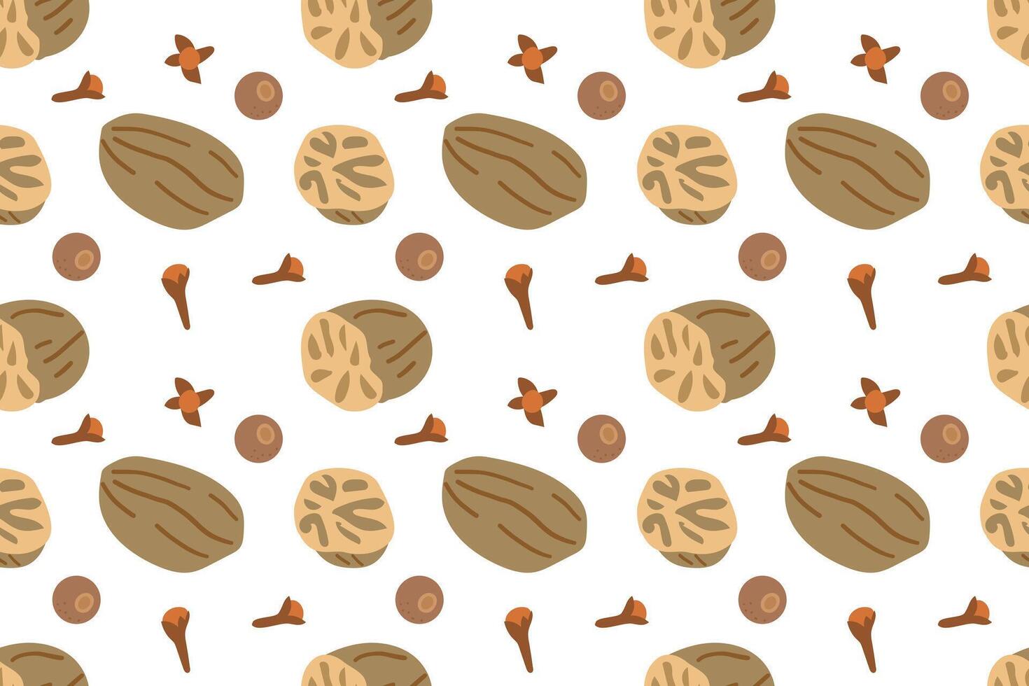 Christmas winter spice. Decorative seamless pattern with spices to cook mulled wine cardamom and nutmeg on white background. Flat doodle pattern for paper and textile design . vector