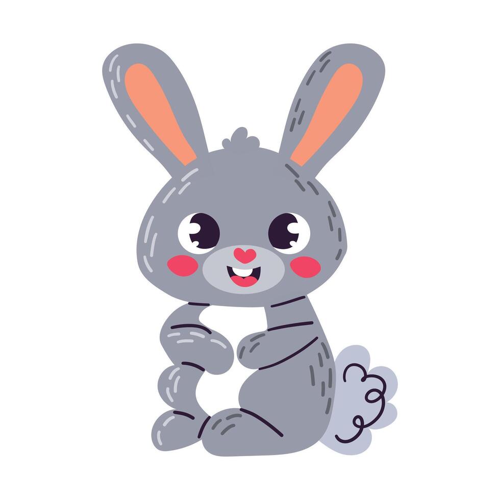 Cute gray furry bunny rabbit isolated on white background. Doodle cartoon illustration. Clipart for children book ,logo web design and banner. vector