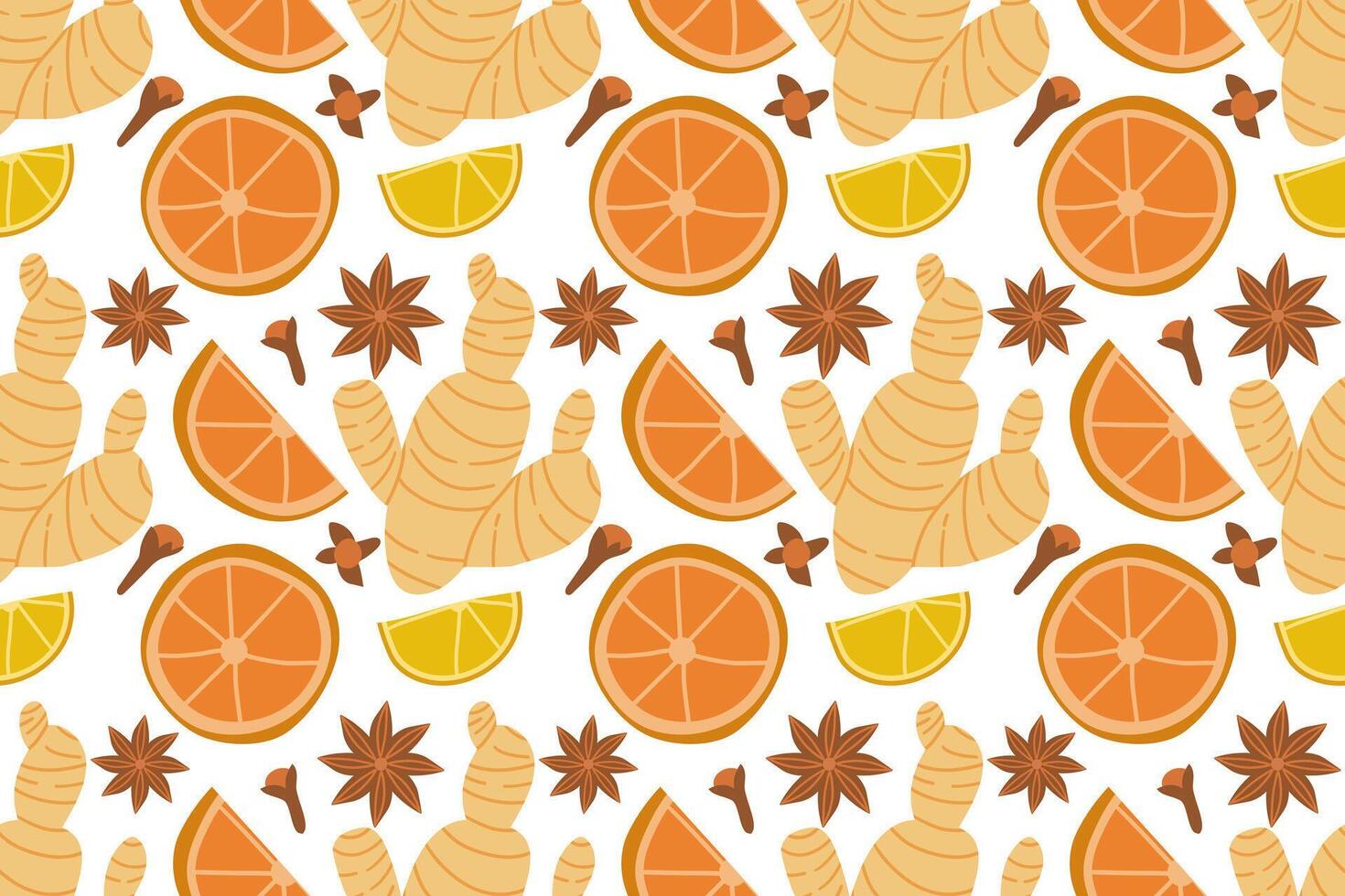 Cartoon ginger , clove and anise star whole and slice seamless pattern for print design. Healthy food background. Decorative graphic element. Asian spice root vector