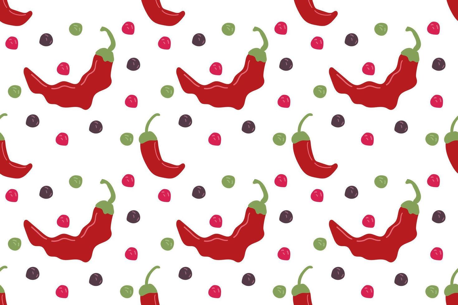 red hot chili peppers seamless pattern. Chili peppers, dill and peppercorns isolated on a white background. Spices seamless background vector