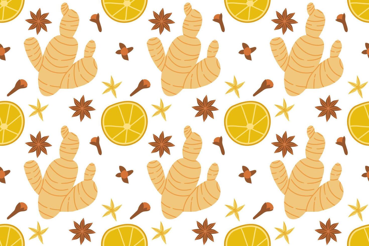 Cartoon ginger , clove and anise star whole and slice seamless pattern for print design. Healthy food background. Decorative graphic element. Asian spice root vector