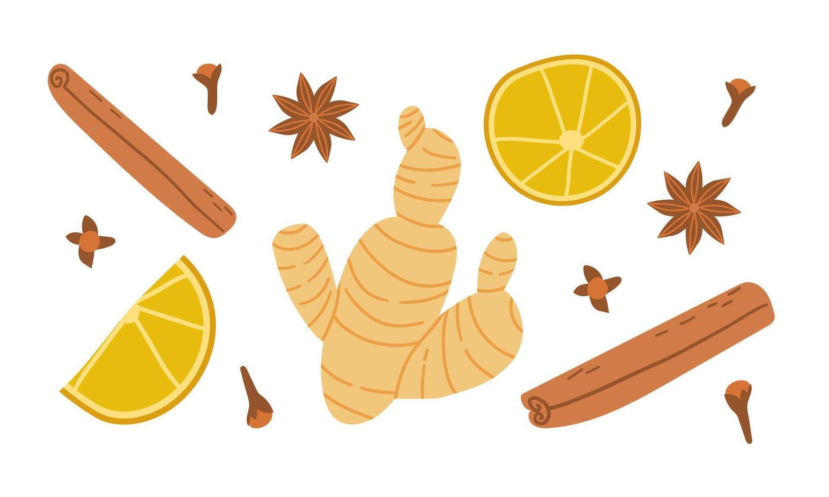 Spices seamless Organic product flat. Clove Spice ginger, cinnamon, lemon, anis for food or drink design isolate on white . vector