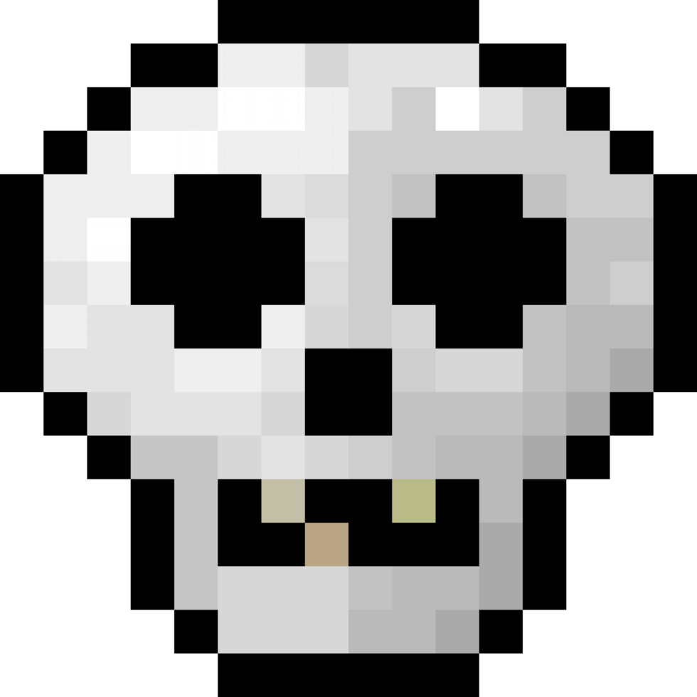 A retro-styled pixel-art illustration of a mini skull with broken teeth. png