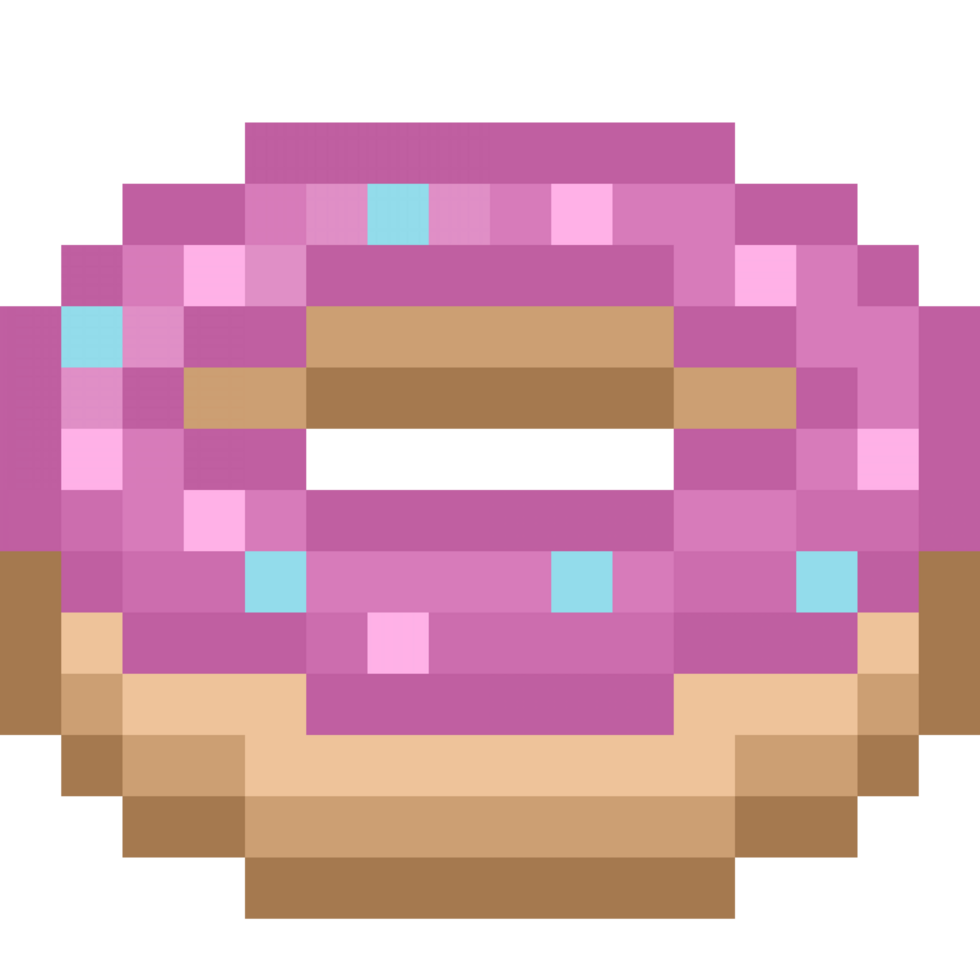 A retro-styled pixel-art illustration of a mini pink frosted donut icon. png