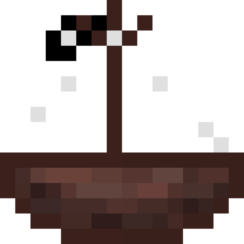 A retro-styled pixel-art illustration of a mini pirate ship with a black flag. png