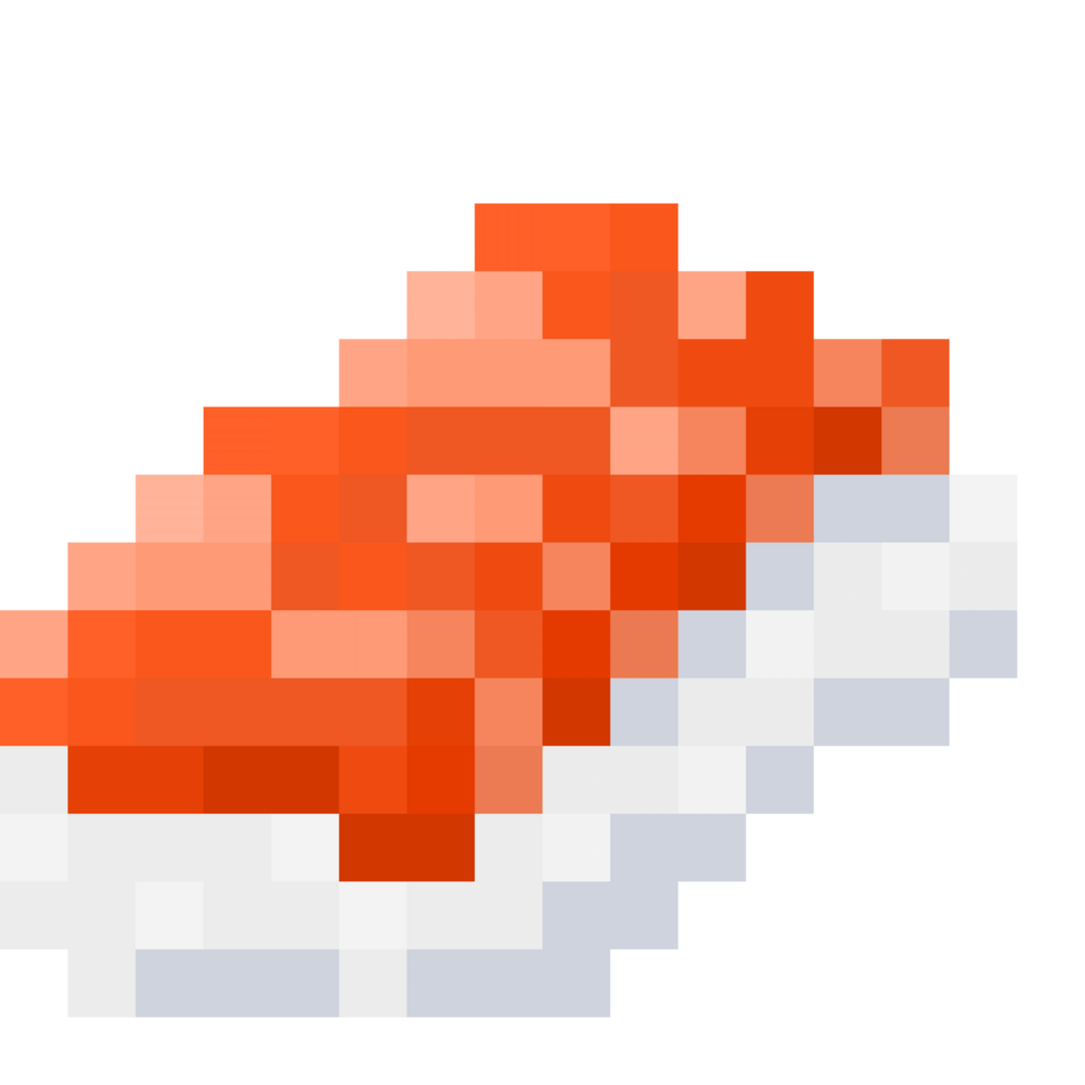 A retro-styled pixel-art illustration of a mini salmon slab on a rice bed. png