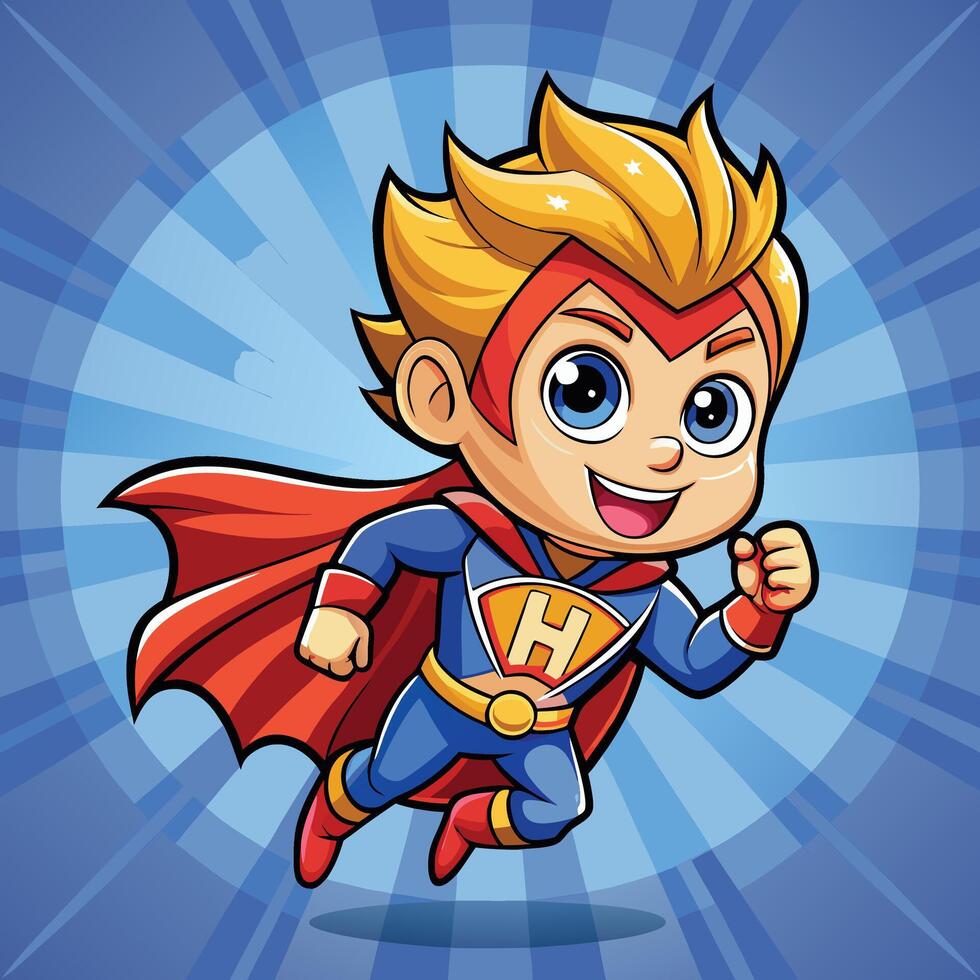 A powerful superhero mascot with a red costume and lightning bolt emblem, standing strong and determined. flying concept logo icon vector