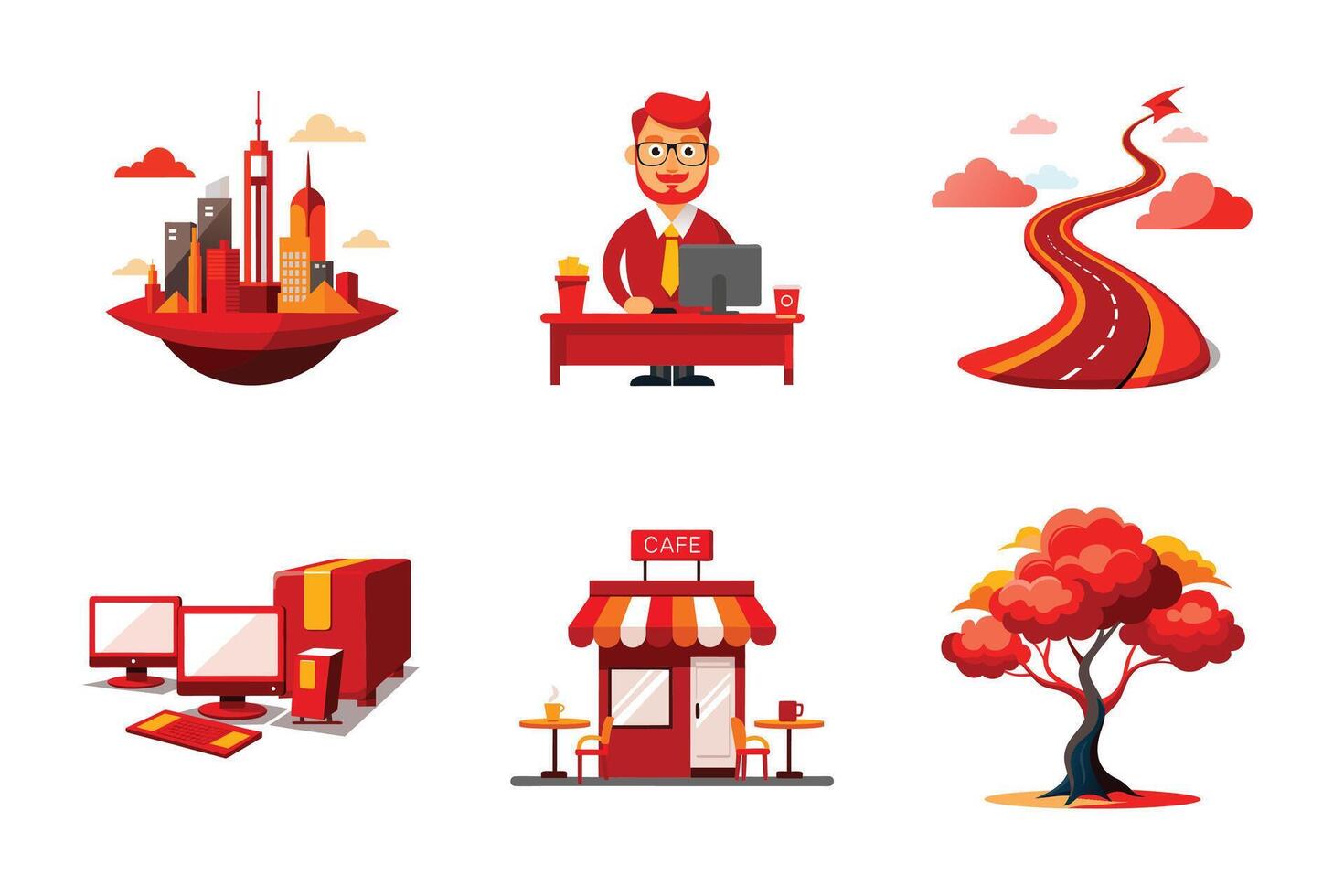 Building, office worker, road splashing, computers, cafe and tree Mascot Logo Design with Modern illustration icons for website vector