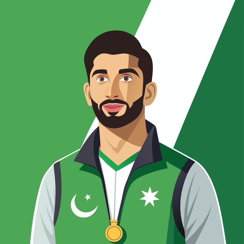 Detailed Illustration of a Pakistani Athlete Wearing a Green Jacket with a Gold Medal Around His Neck Representing National Pride vector