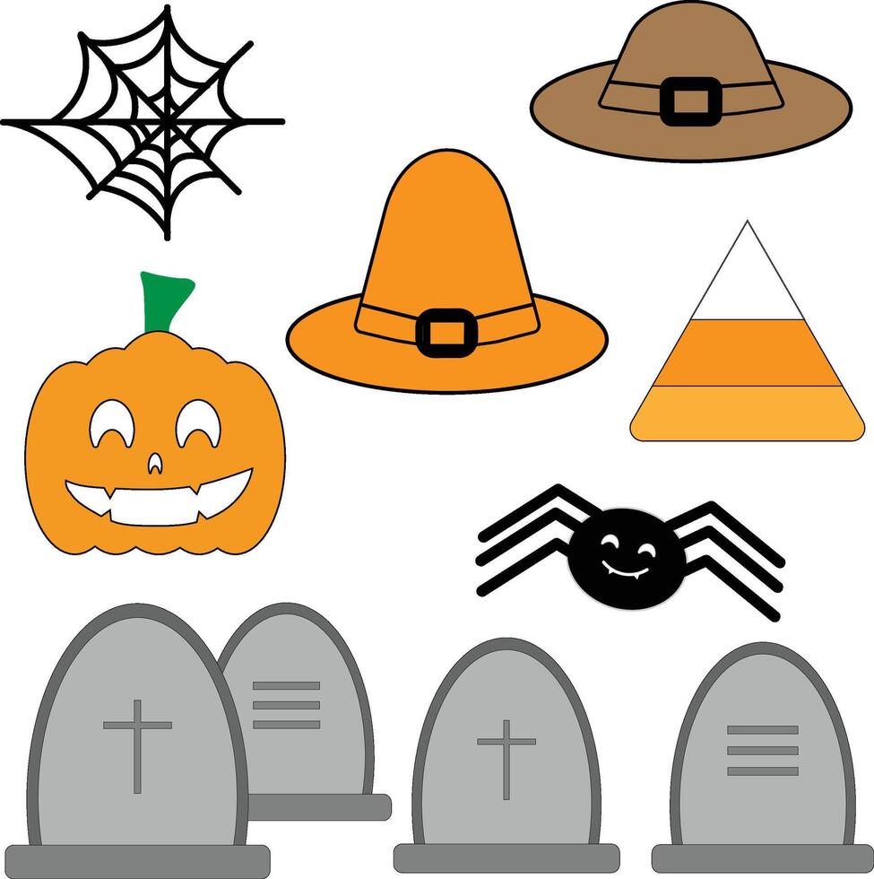 Halloween Set Icons, Graveyard, Pumpkin, Spiderweb, Spider, Hats, Candy Corn, Free vector