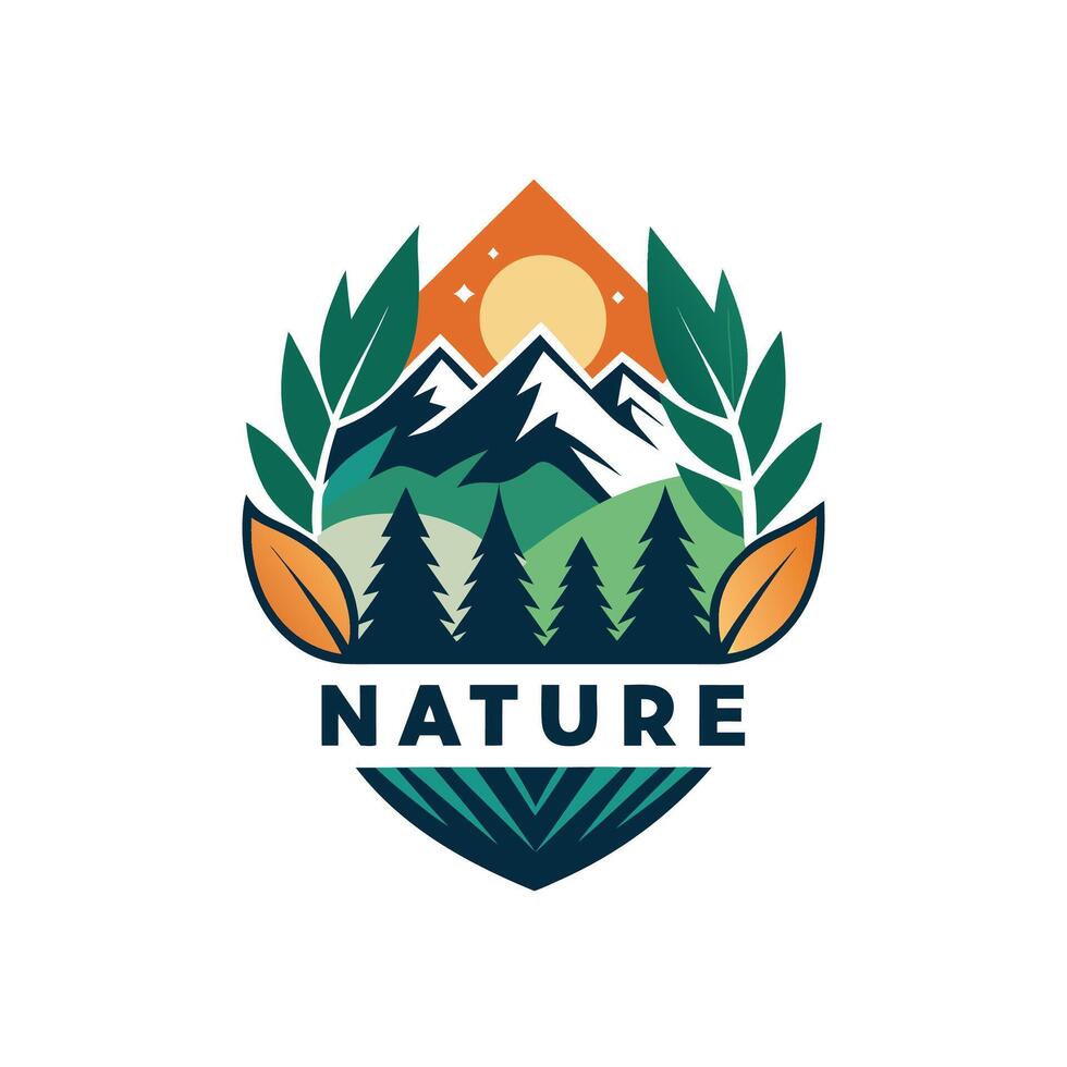 Natural Harmony A Scenic Representation of Nature with Mountains, Fields, and Leafy Elements Emphasizing Sustainability logo icon vector