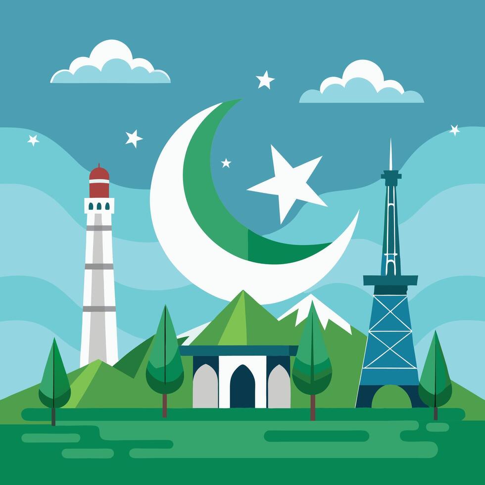 Pakistan Independence Day celebration background with Minar e Pakistan and mizar e quaid poster design vector