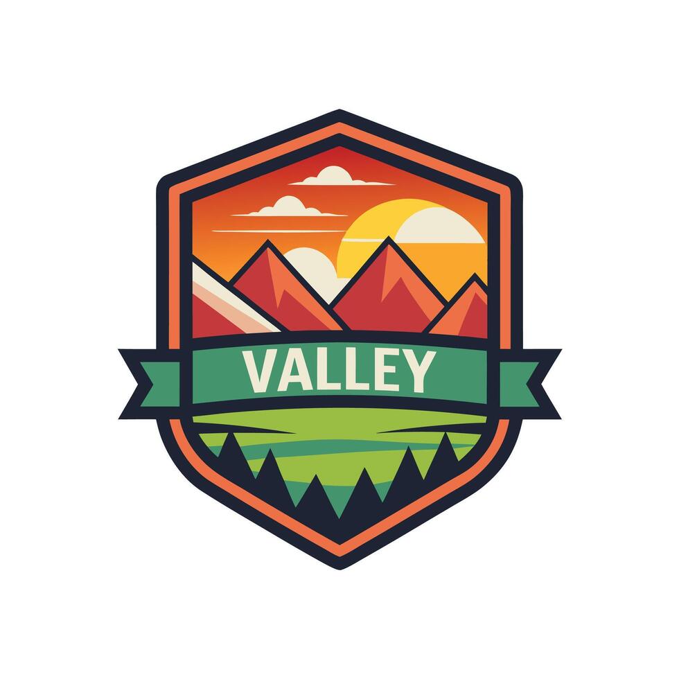 Valley logo icon design Mountain landscape illustration. Serene mountain scape, rivers in perfect harmony. with text valley design vector
