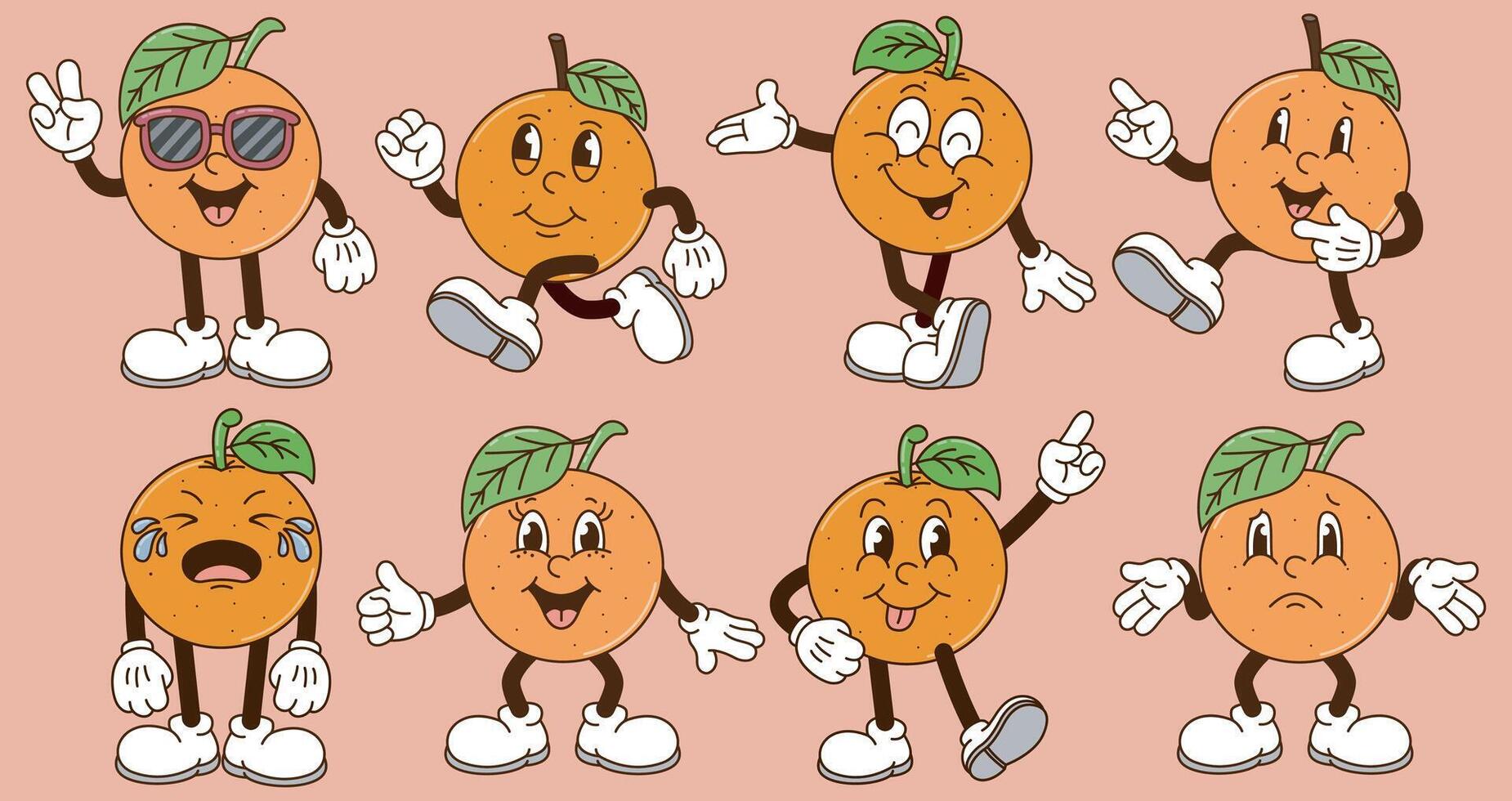 Set of Funny cartoon character of Orange. Can be used as Sticker, posters, prints. The comic elements in trendy retro cartoon style vector
