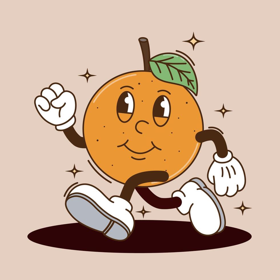 Funny cartoon character of Orange running. Can be used as Sticker, posters, prints. The comic elements in trendy retro cartoon style vector