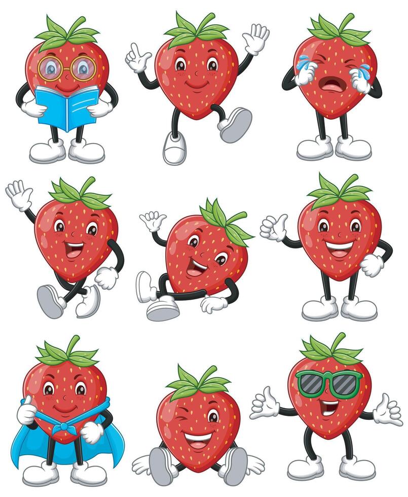 Set of Nine strawberry characters with varying expressions and activities. suitable for childrens books, educational materials, and food related designs vector