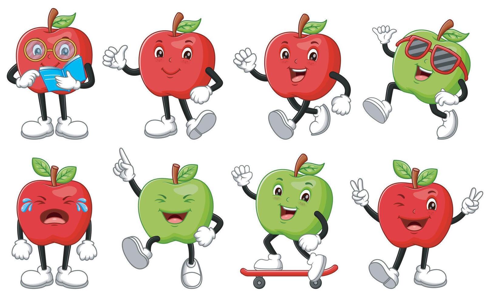 Set of Eight apple characters with varying expressions and activities. suitable for childrens books, educational materials, and food related designs vector