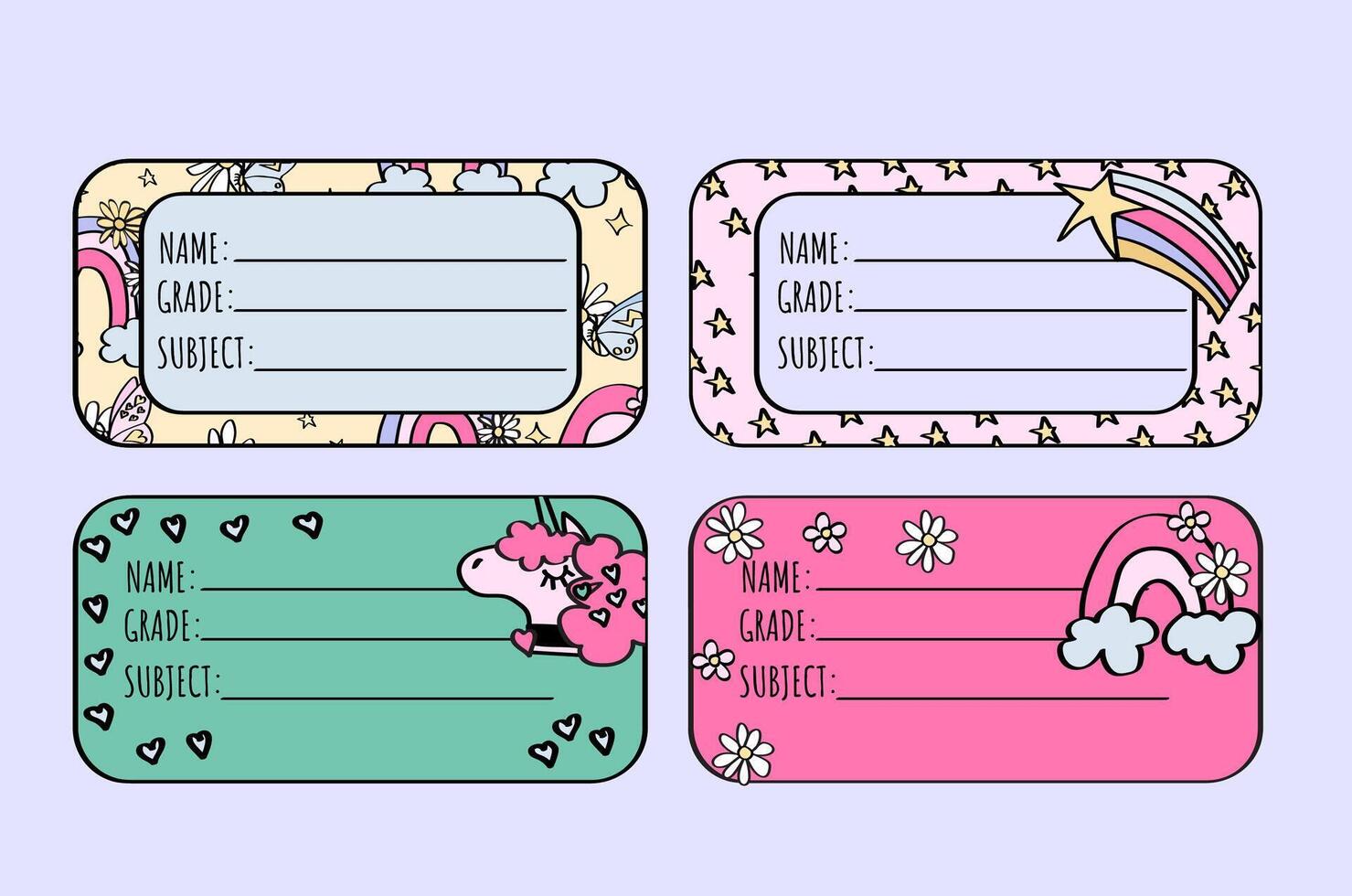 unicorn and rainbow notebook labels set for middle school and elementary school kids. vector