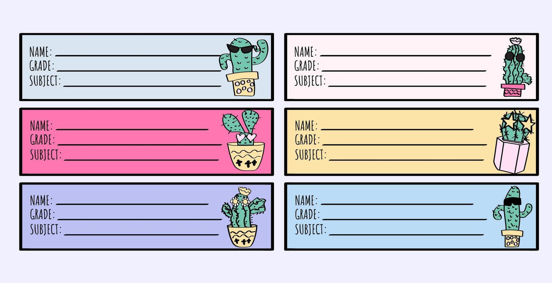 cute cacti notebook labels set for middle school and elementary school kids for back to school. vector