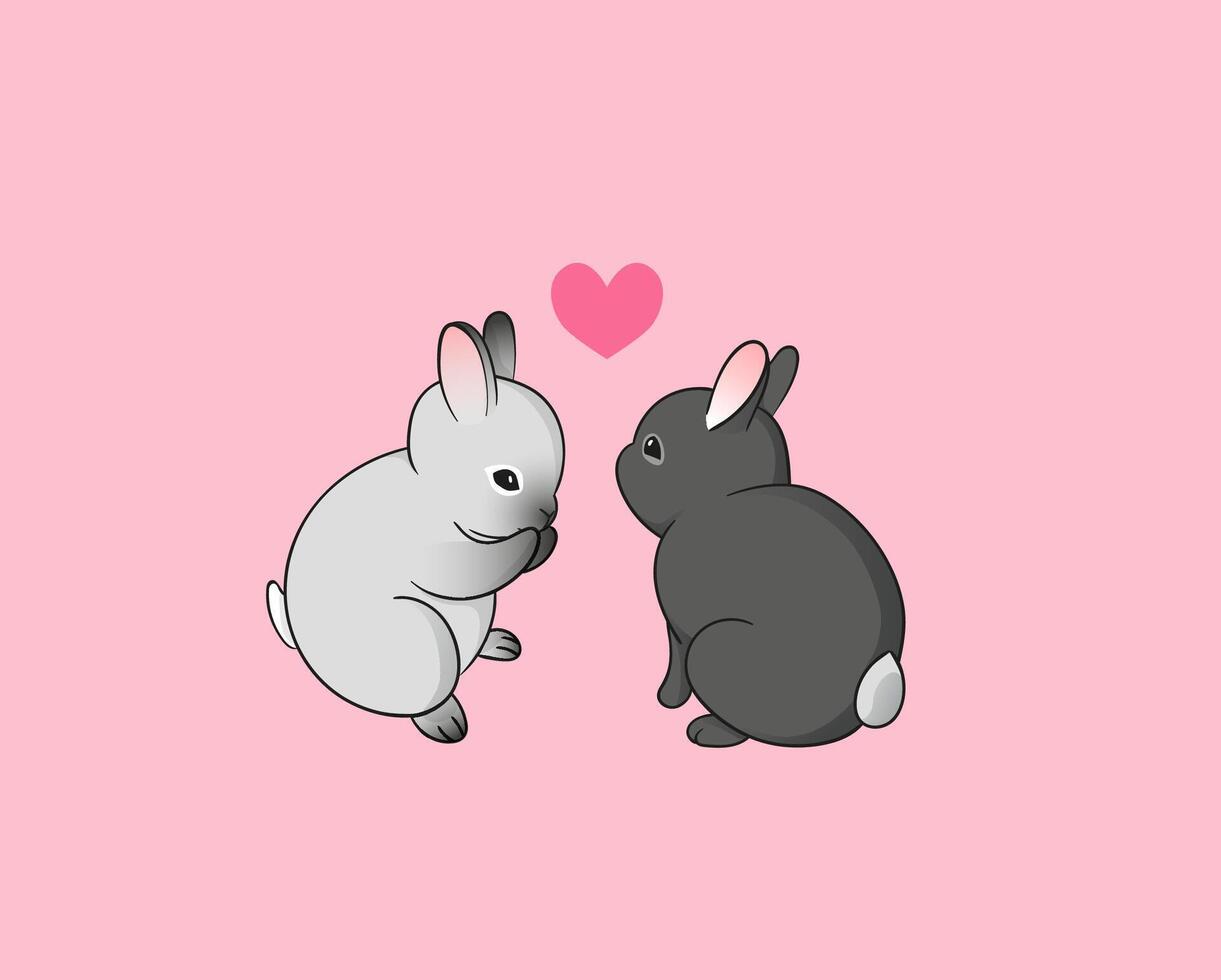Couple of cartoon little rabbits with heart on pink background. Bunny in love cute illustration for card or print vector