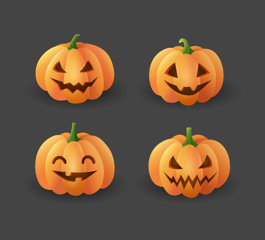Set of orange Halloween carved smiling Pumpkins on a dark background. Jack o'lanterns collection vector