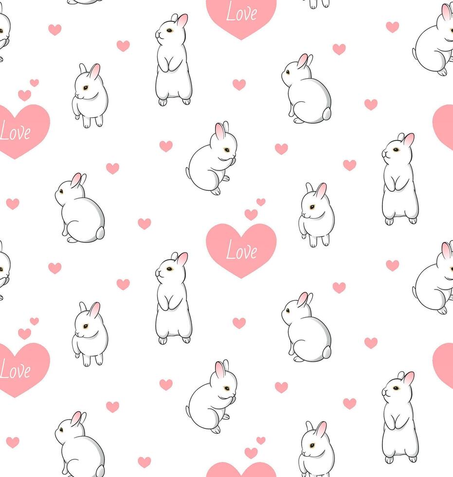 Pattern with cute white bunnies and pink hearts. Little baby rabbits on white background for textile design vector